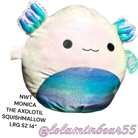 NEW W/TAGS LRG 14” MONICA THE AXOLOTL WITH RAINBOW 🌈 SHINY BELLY SQUISHMALLOW - Picture 2 of 7